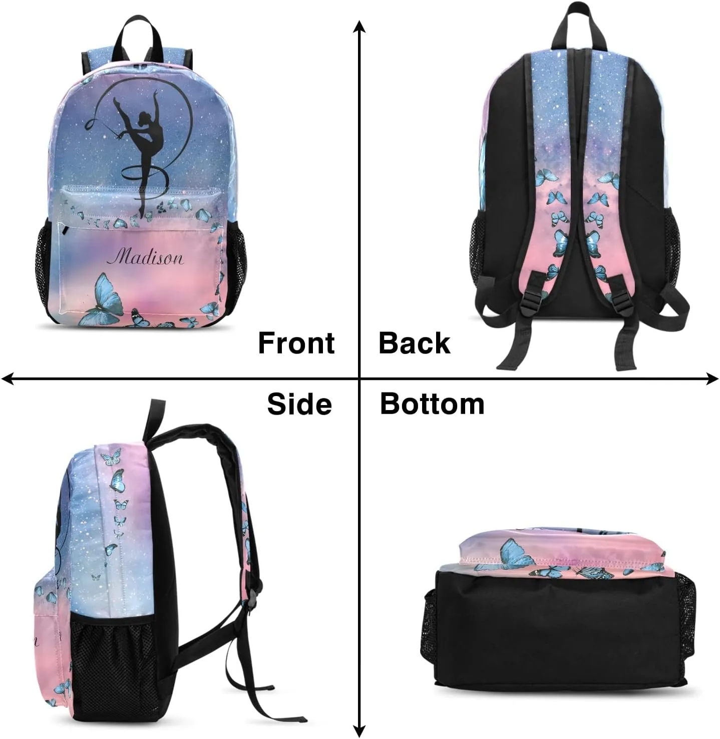 Starry Butterflies Gymnast Silhouette Personalized Backpack Custom Text Unisex Bookbag for Boy Girl Travel Daypack Bag Purse 17.7 IN