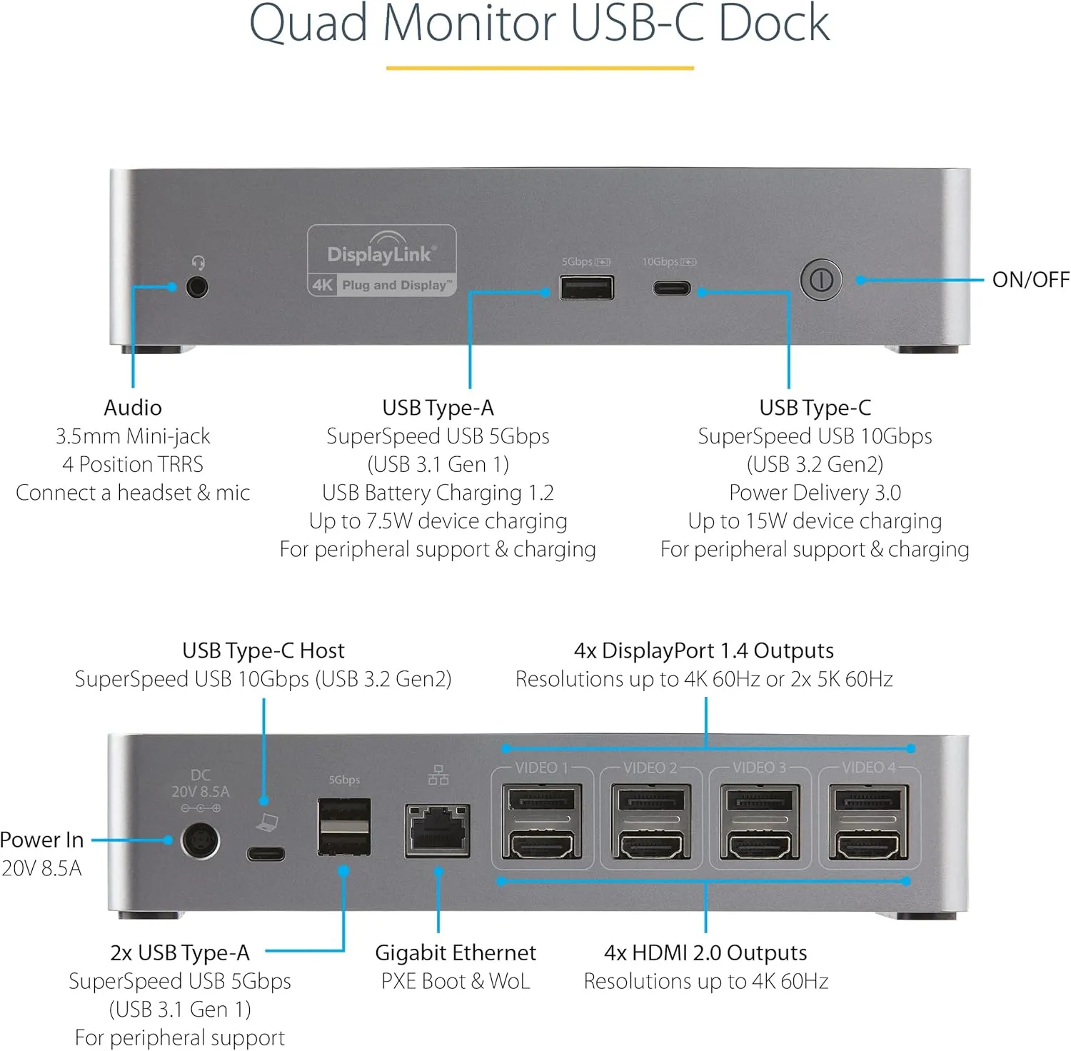 StarTech.com USB C Dock - 4K 60Hz Quad Monitor DisplayPort & HDMI - Universal USB-C Docking Station with 100W Power Delivery - USB Hub with 1x USB Type-C & 3X USB-A, Ethernet, Audio (DK31C4DPPD)