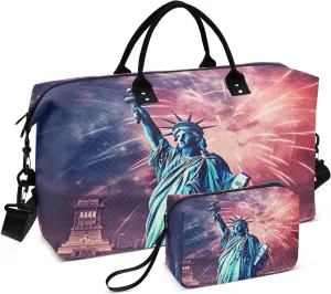 Statue Of Liberty Fireworks Sports Gym Bag for Women Men Travel Duffel Bag Weekend Overnight Carry on Bag with Toiletry Bag Air Travel Bag for Workout Swimming Yoga Plane Hospital
