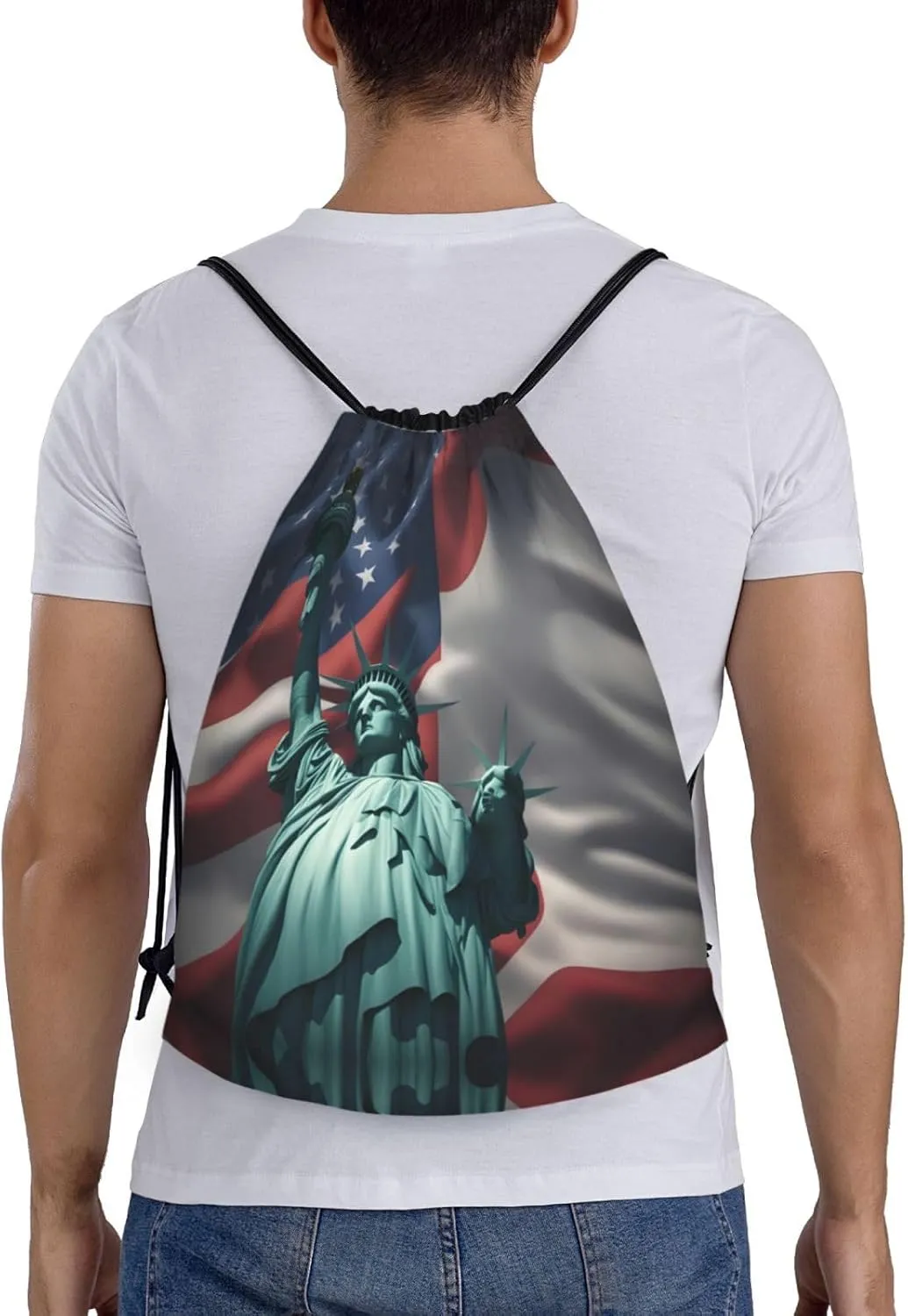 Statue of Liberty Flag print Drawstring Backpack Bags Sack Cinch Tote Sport Storage Polyester Bag for Gym Traveling