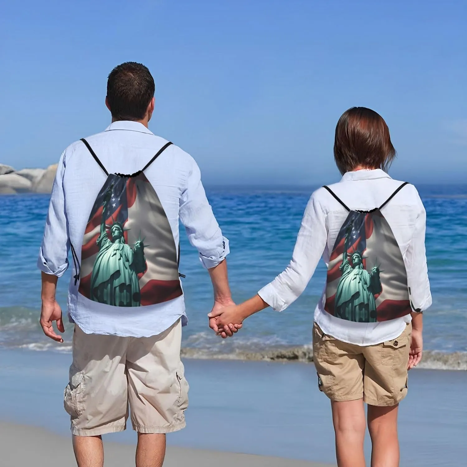 Statue of Liberty Flag print Drawstring Backpack Bags Sack Cinch Tote Sport Storage Polyester Bag for Gym Traveling
