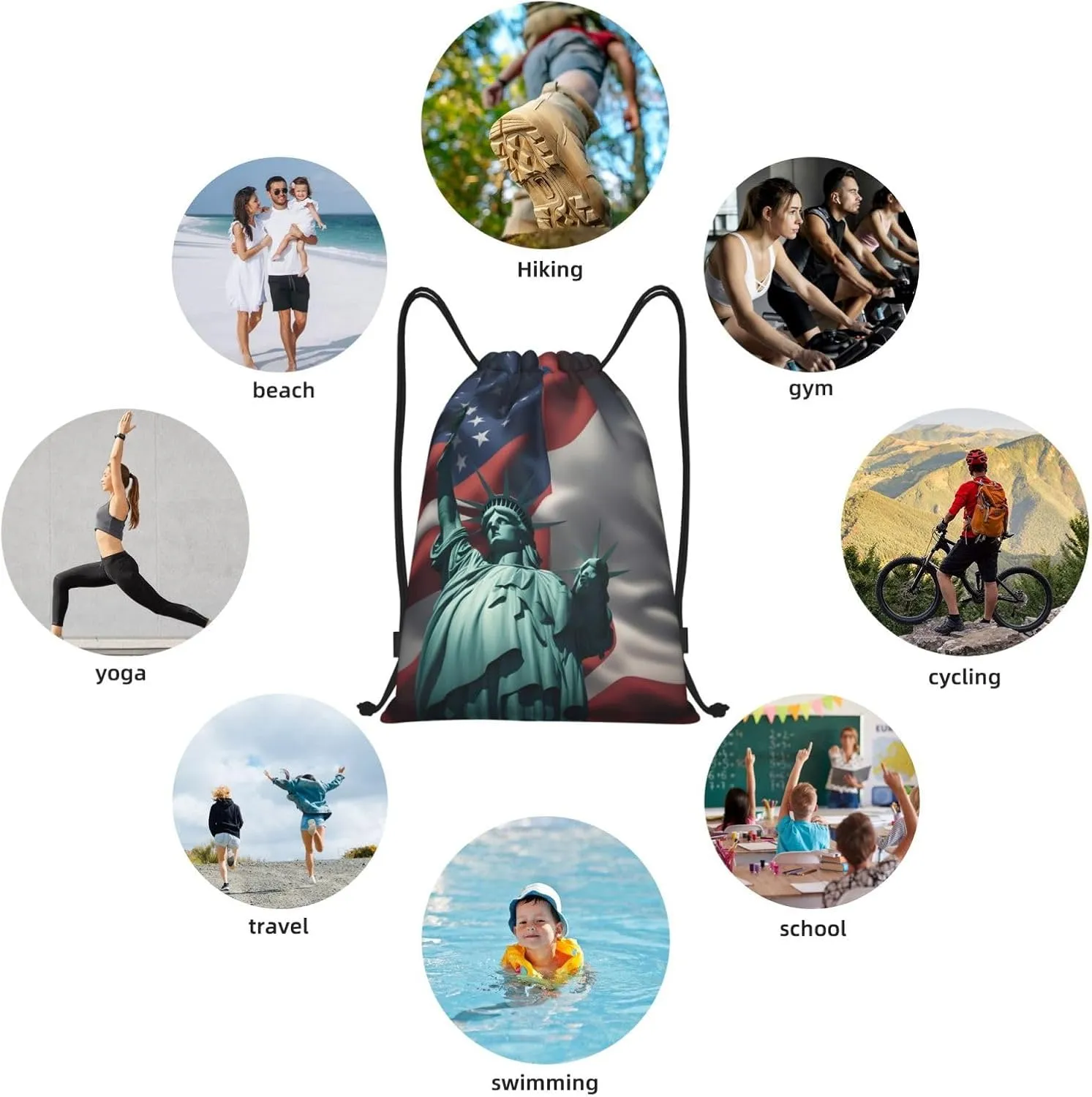 Statue of Liberty Flag print Drawstring Backpack Bags Sack Cinch Tote Sport Storage Polyester Bag for Gym Traveling