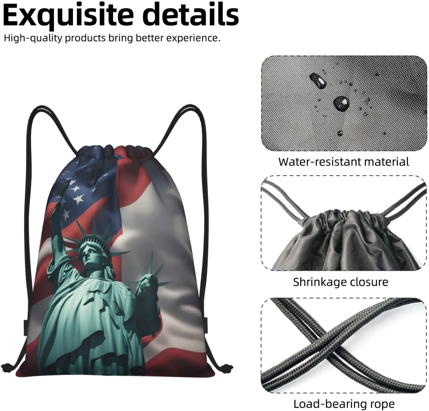 Statue of Liberty Flag print Drawstring Backpack Bags Sack Cinch Tote Sport Storage Polyester Bag for Gym Traveling