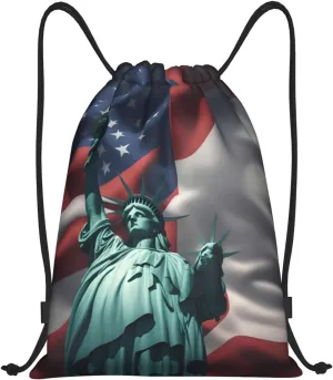 Statue of Liberty Flag print Drawstring Backpack Bags Sack Cinch Tote Sport Storage Polyester Bag for Gym Traveling