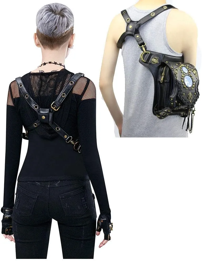 Steampunk Crossbody Shoulder Bag Messenger Gothic Waist Fanny Pack Chain Drop Leg Hip Holster Belt Purse Pouch