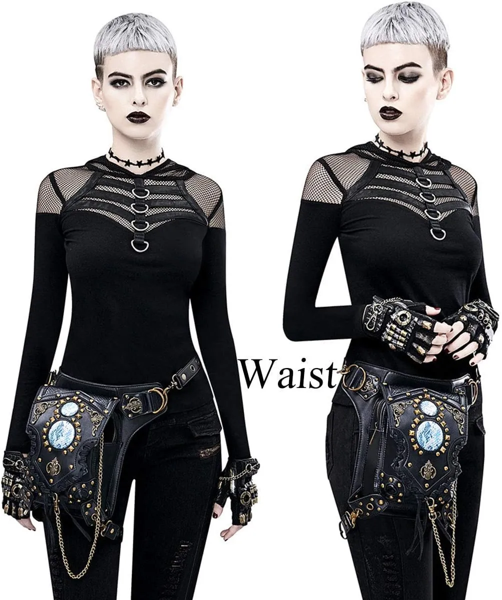 Steampunk Crossbody Shoulder Bag Messenger Gothic Waist Fanny Pack Chain Drop Leg Hip Holster Belt Purse Pouch