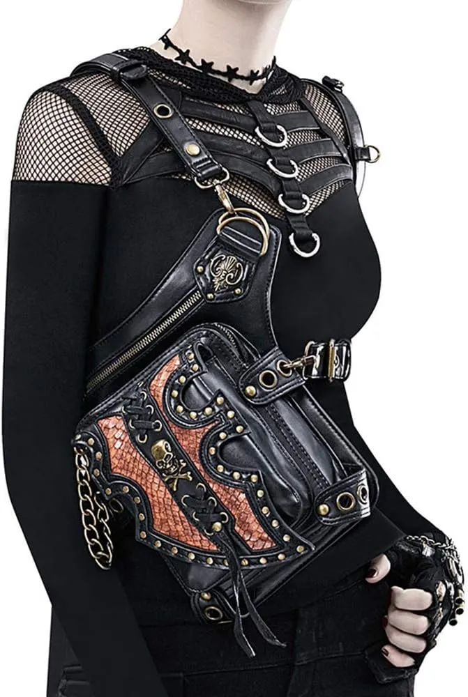Steampunk Waist Bag Fanny Pack Fashion Gothic Leather Shoulder Crossbody Messenger Bags Thigh Leg Hip Holster Purse Travel Pouch Hiking Sport Chain Bags for Women Men
