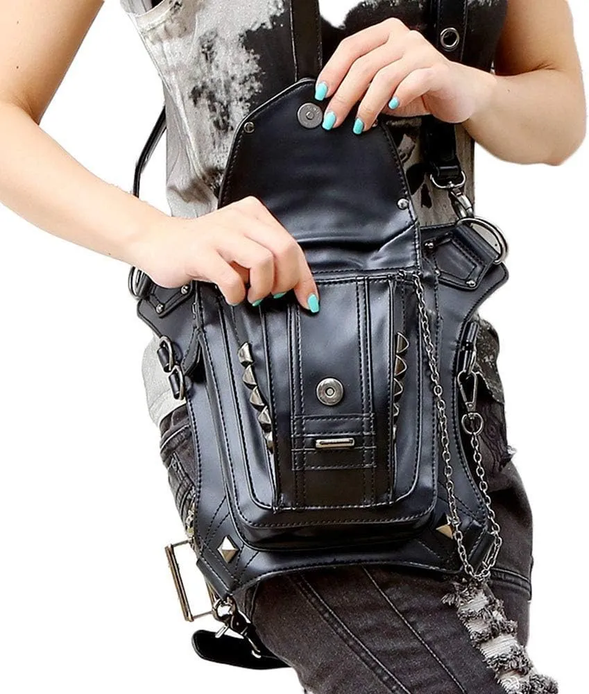 Steampunk Waist Bag Fanny Pack Fashion Gothic Leather Shoulder Crossbody Messenger Bags Thigh Leg Hip Holster Purse Travel Pouch Hiking Sport Chain Bags for Women Men