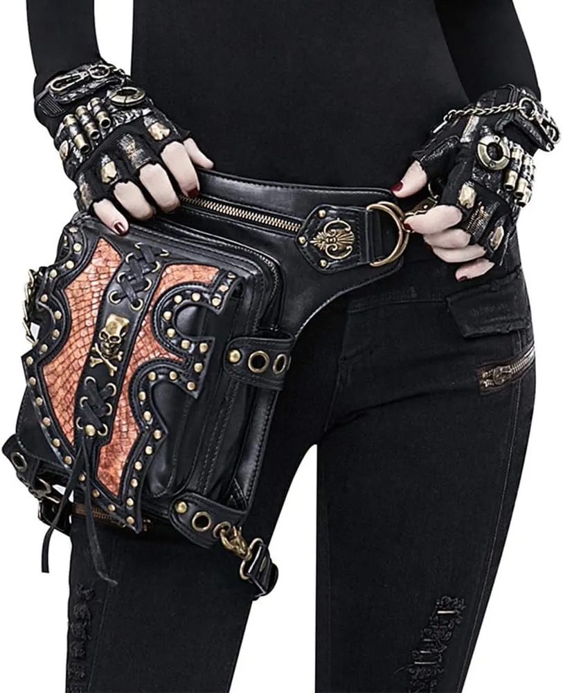 Steampunk Waist Bag Fanny Pack Fashion Gothic Leather Shoulder Crossbody Messenger Bags Thigh Leg Hip Holster Purse Travel Pouch Hiking Sport Chain Bags for Women Men