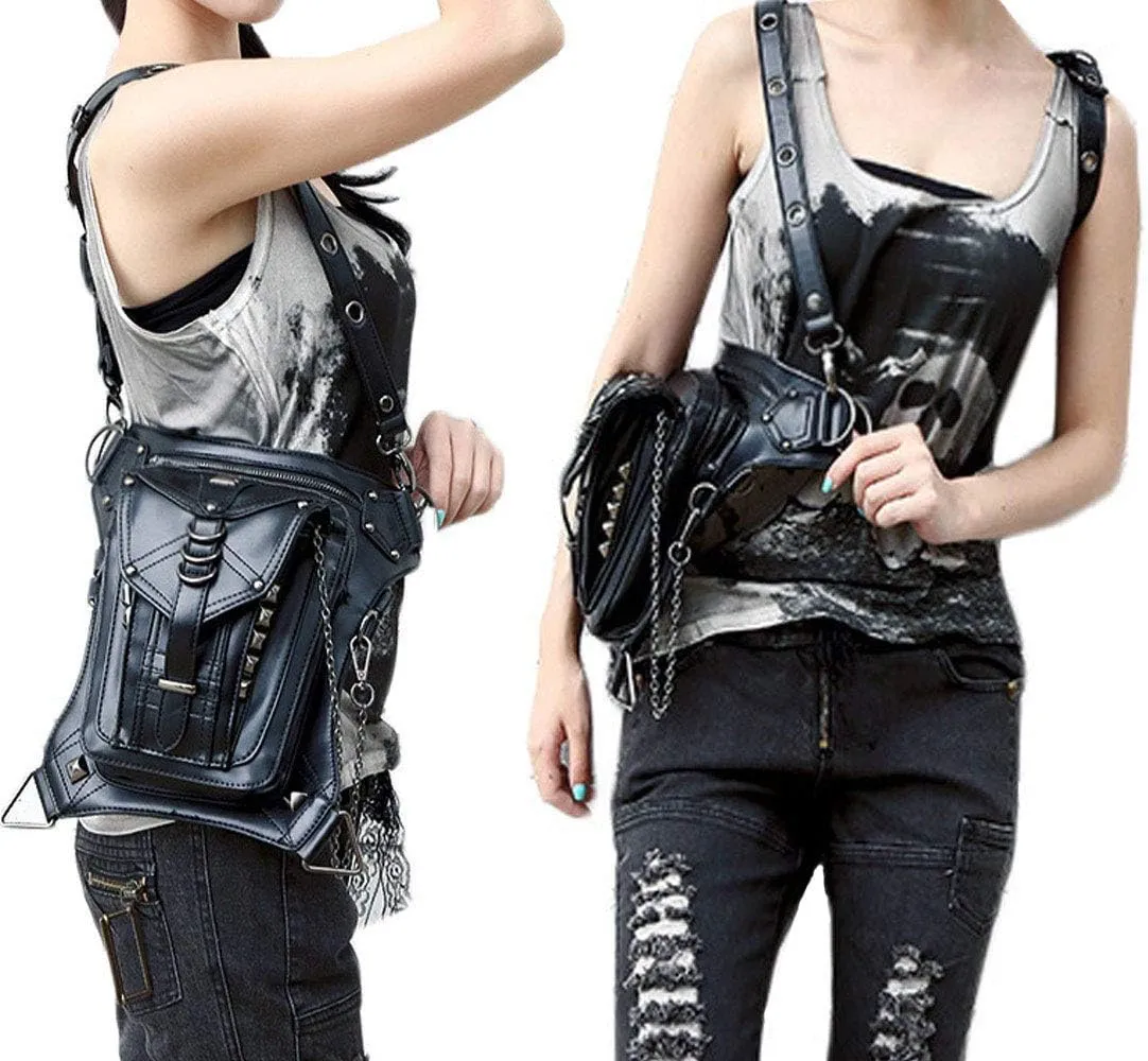 Steampunk Waist Bag Fanny Pack Fashion Gothic Leather Shoulder Crossbody Messenger Bags Thigh Leg Hip Holster Purse Travel Pouch Hiking Sport Chain Bags for Women Men
