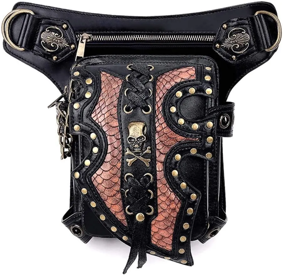 Steampunk Waist Bag Fanny Pack Fashion Gothic Leather Shoulder Crossbody Messenger Bags Thigh Leg Hip Holster Purse Travel Pouch Hiking Sport Chain Bags for Women Men