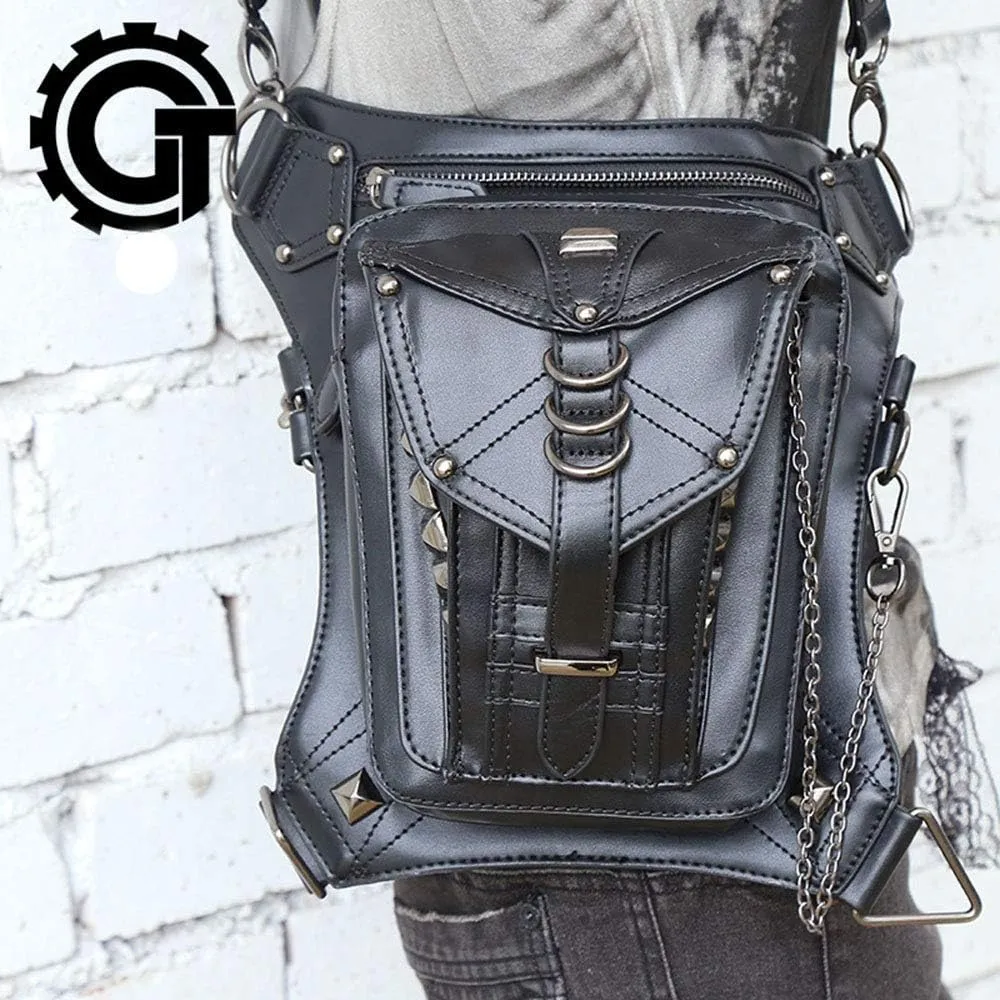 Steampunk Waist Bag Fanny Pack Fashion Gothic Leather Shoulder Crossbody Messenger Bags Thigh Leg Hip Holster Purse Travel Pouch Hiking Sport Chain Bags for Women Men