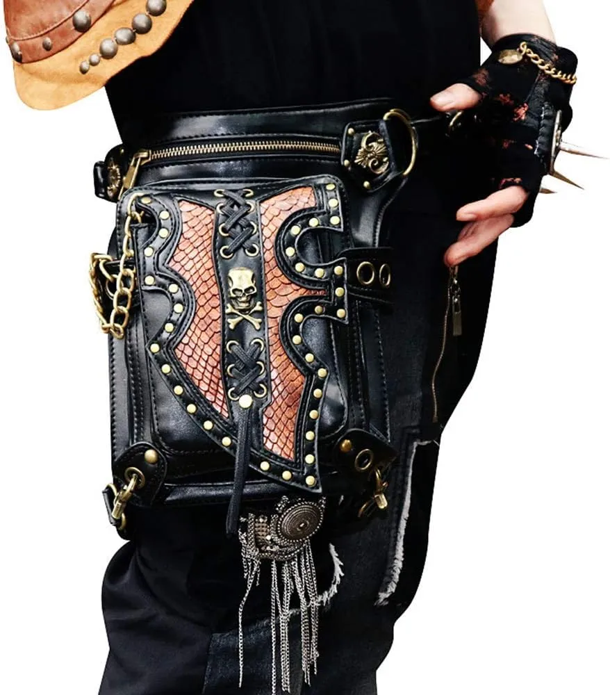 Steampunk Waist Bag Fanny Pack Fashion Gothic Leather Shoulder Crossbody Messenger Bags Thigh Leg Hip Holster Purse Travel Pouch Hiking Sport Chain Bags for Women Men