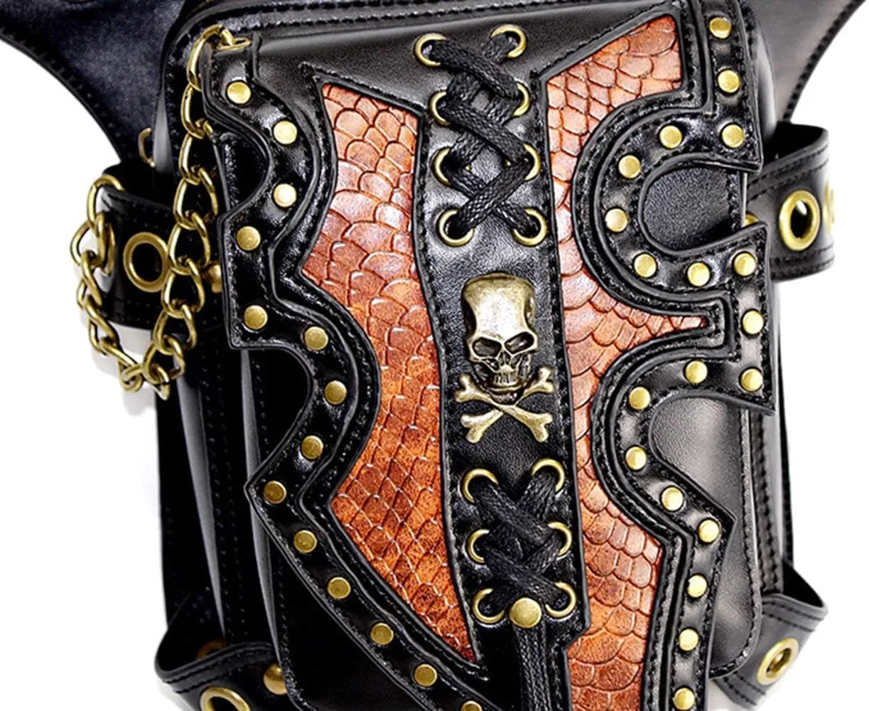 Steampunk Waist Bag Fanny Pack Fashion Gothic Leather Shoulder Crossbody Messenger Bags Thigh Leg Hip Holster Purse Travel Pouch Hiking Sport Chain Bags for Women Men