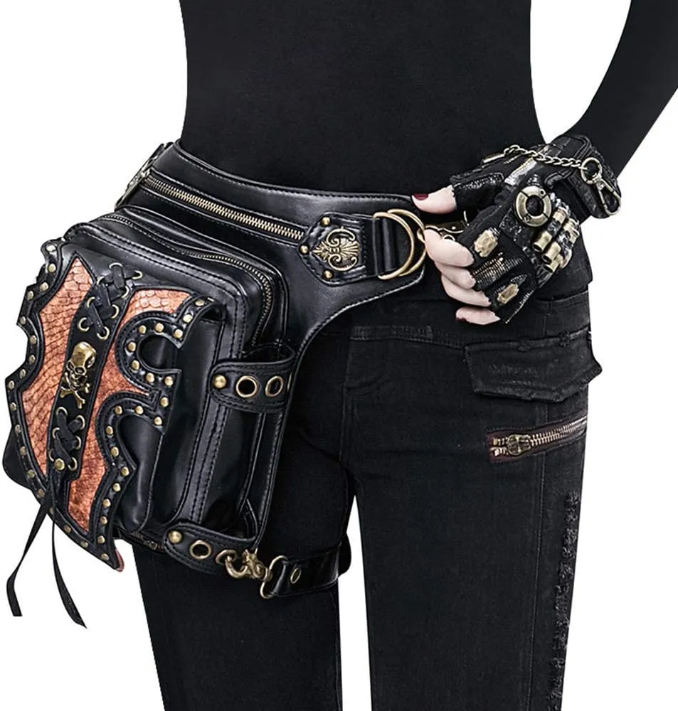 Steampunk Waist Bag Fanny Pack Fashion Gothic Leather Shoulder Crossbody Messenger Bags Thigh Leg Hip Holster Purse Travel Pouch Hiking Sport Chain Bags for Women Men