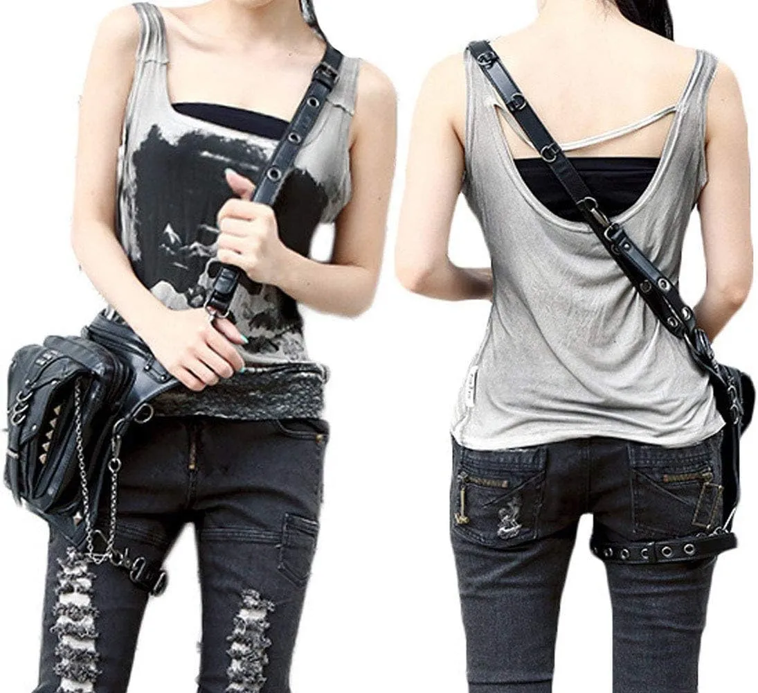 Steampunk Waist Bag Fanny Pack Fashion Gothic Leather Shoulder Crossbody Messenger Bags Thigh Leg Hip Holster Purse Travel Pouch Hiking Sport Chain Bags for Women Men