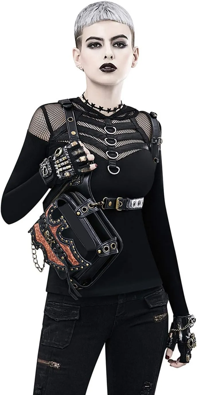 Steampunk Waist Bag Fanny Pack Fashion Gothic Leather Shoulder Crossbody Messenger Bags Thigh Leg Hip Holster Purse Travel Pouch Hiking Sport Chain Bags for Women Men