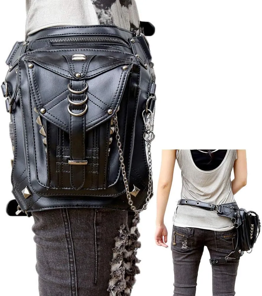 Steampunk Waist Bag Fanny Pack Fashion Gothic Leather Shoulder Crossbody Messenger Bags Thigh Leg Hip Holster Purse Travel Pouch Hiking Sport Chain Bags for Women Men