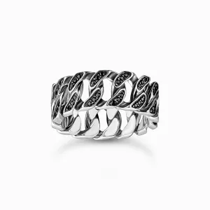 Sterling Silver Black Stones Chain Link Wide Ring TR2501-643-11
