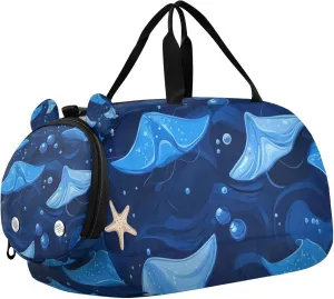 Stingrays and Starfish Blue Duffle Bag for Toddler Girls Boys, Sports Gym Bag with Shoe Compartments, Kids Travel Overnight Weekender Shoulder Bag