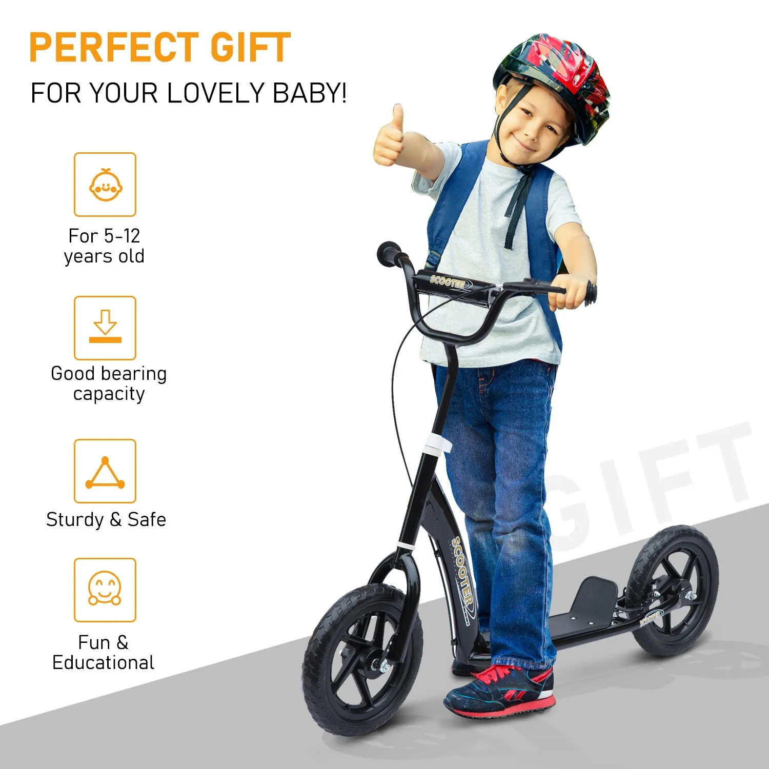 Street Cruiser: Kids Scooter Street Bike with 12" Tire for Ages 5 , Ride-On Toy, Black Finish