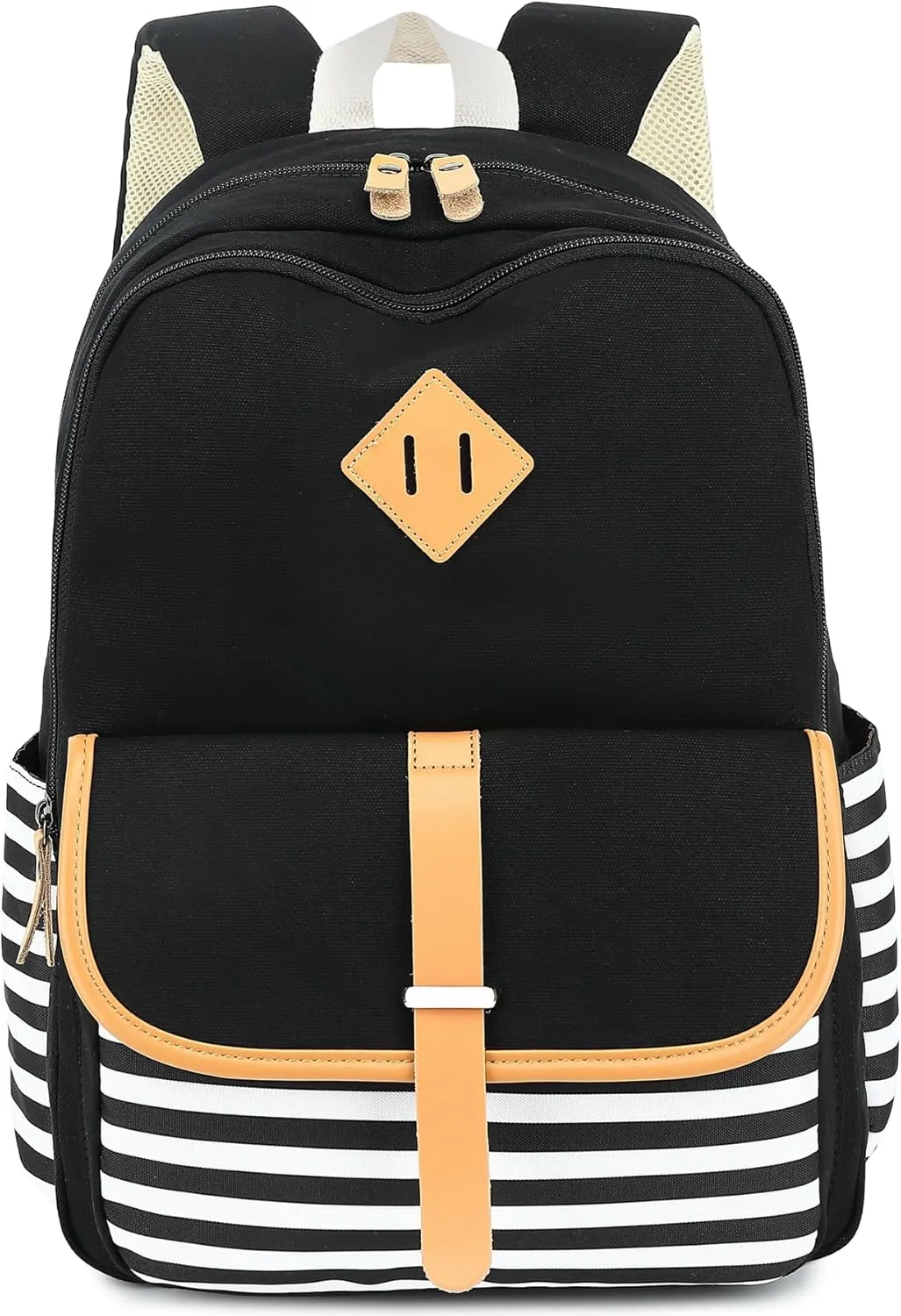 Stripe Stylish Backpack Women College Laptop Backpack Shoulder Bag Daypack Rucksack Black