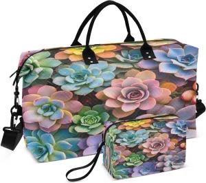 Succulents Plant Colorful Sports Gym Bag for Women Men Travel Duffel Bag Weekend Overnight Carry on Bag with Toiletry Bag Yoga Bag for Workout Swimming Yoga Plane Hospital