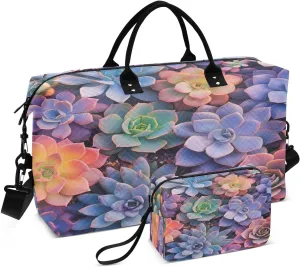 Succulents Plant Violet Sports Gym Bag for Women Men Travel Duffel Bag Weekend Overnight Carry on Bag with Toiletry Bag Workout Dance Bag for Plane Hospital Swimming Yoga Workout