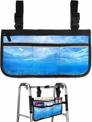 Summer Sea Wheelchair Side Bag Walker Bag, Fantasy Gradual Solid Blue Ocean Seawater Wheelchair Armrest Accessories Organizer Pouch for Walkers, Rollators, Scooters, 7.3''x13''