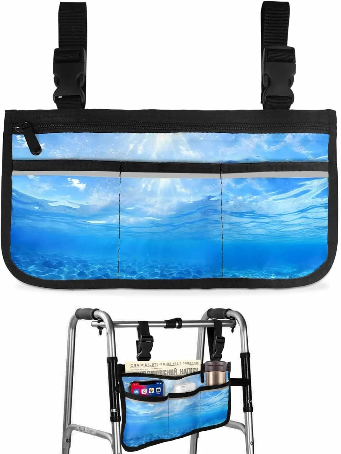 Summer Sea Wheelchair Side Bag Walker Bag, Fantasy Gradual Solid Blue Ocean Seawater Wheelchair Armrest Accessories Organizer Pouch for Walkers, Rollators, Scooters, 7.3''x13''