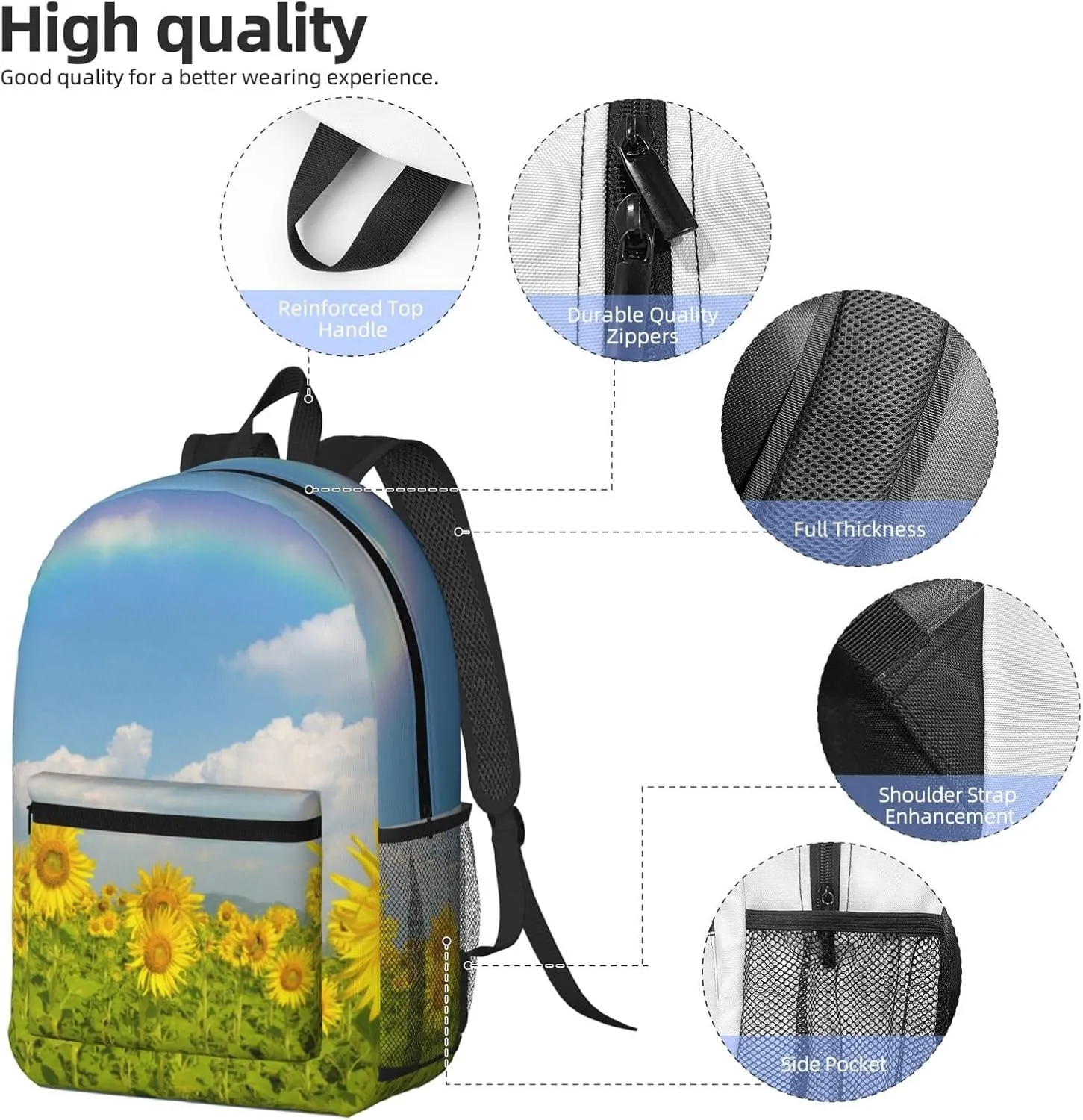 Sunflowers in a field under the blue sky and rainbow 17 Inch Backpacks Multipurpose Laptop Backpack Double Shoulder Bag for Men Women Gifts