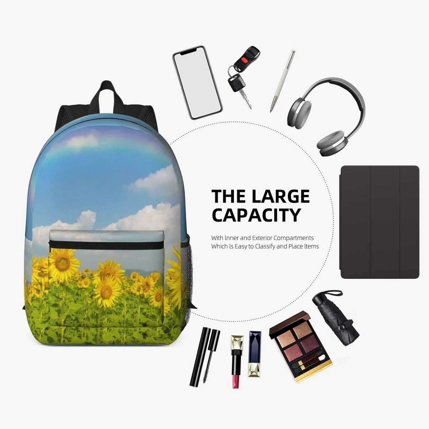 Sunflowers in a field under the blue sky and rainbow 17 Inch Backpacks Multipurpose Laptop Backpack Double Shoulder Bag for Men Women Gifts