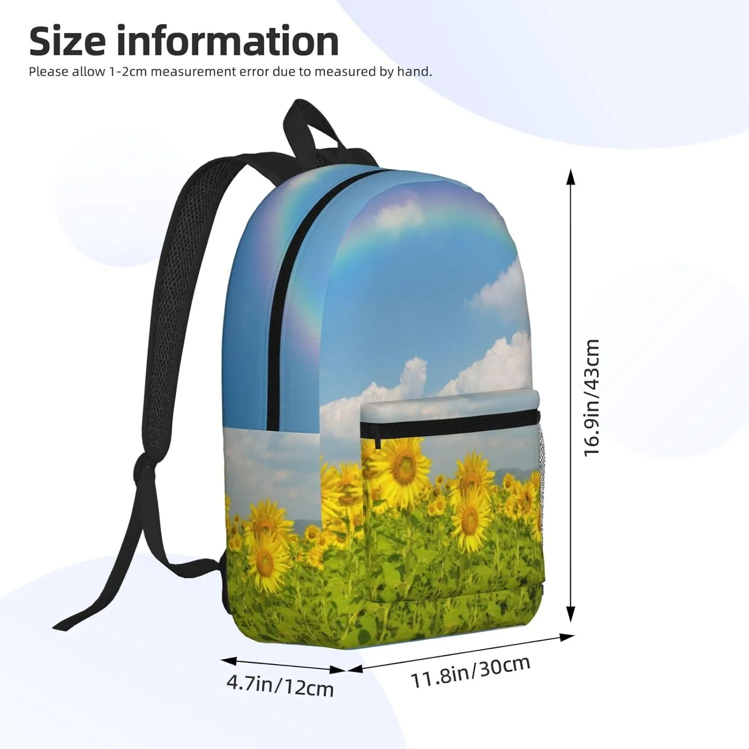 Sunflowers in a field under the blue sky and rainbow 17 Inch Backpacks Multipurpose Laptop Backpack Double Shoulder Bag for Men Women Gifts