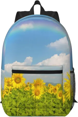 Sunflowers in a field under the blue sky and rainbow 17 Inch Backpacks Multipurpose Laptop Backpack Double Shoulder Bag for Men Women Gifts