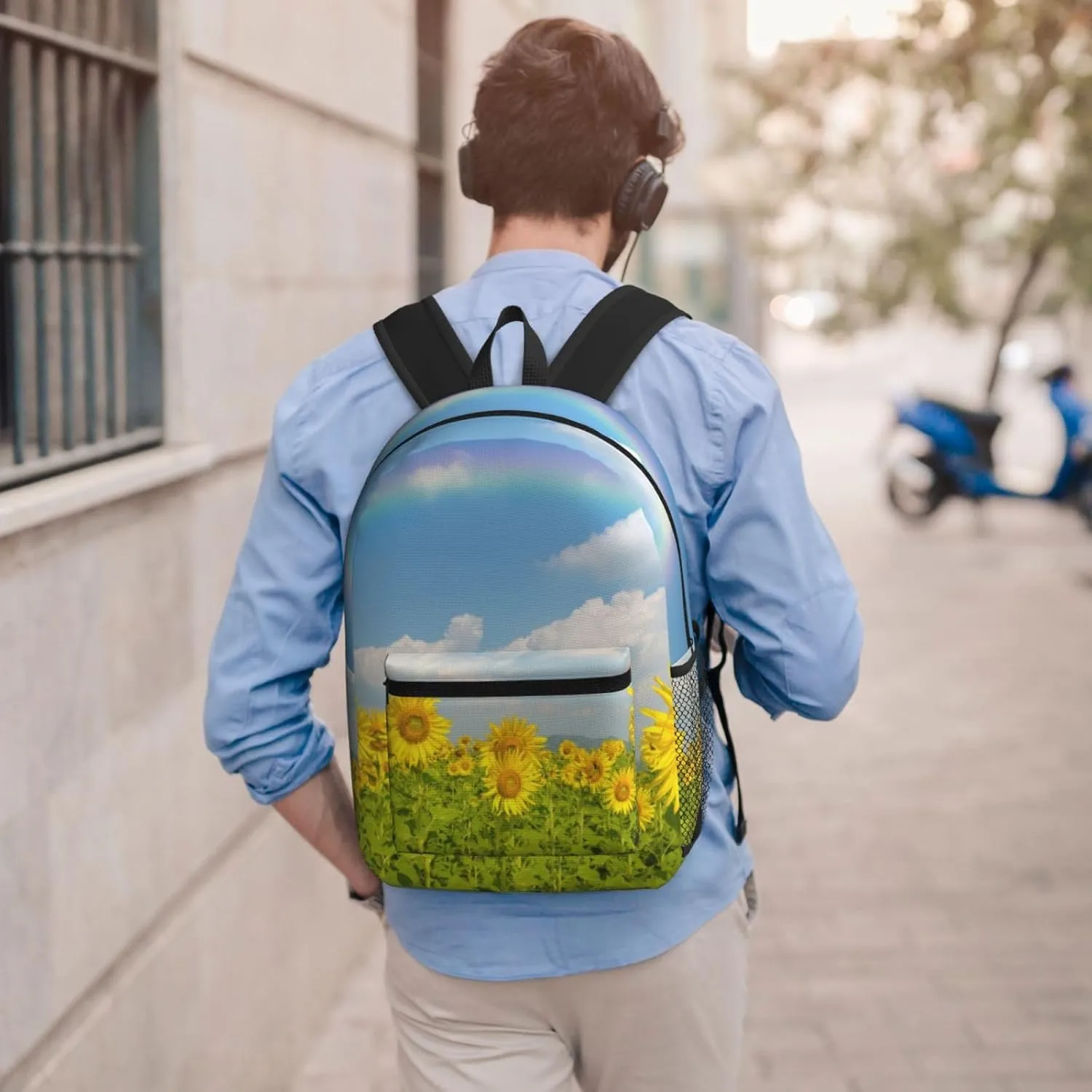 Sunflowers in a field under the blue sky and rainbow 17 Inch Backpacks Multipurpose Laptop Backpack Double Shoulder Bag for Men Women Gifts
