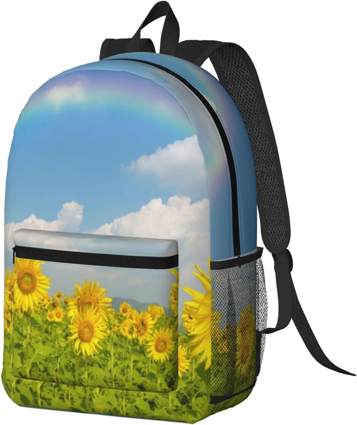 Sunflowers in a field under the blue sky and rainbow 17 Inch Backpacks Multipurpose Laptop Backpack Double Shoulder Bag for Men Women Gifts