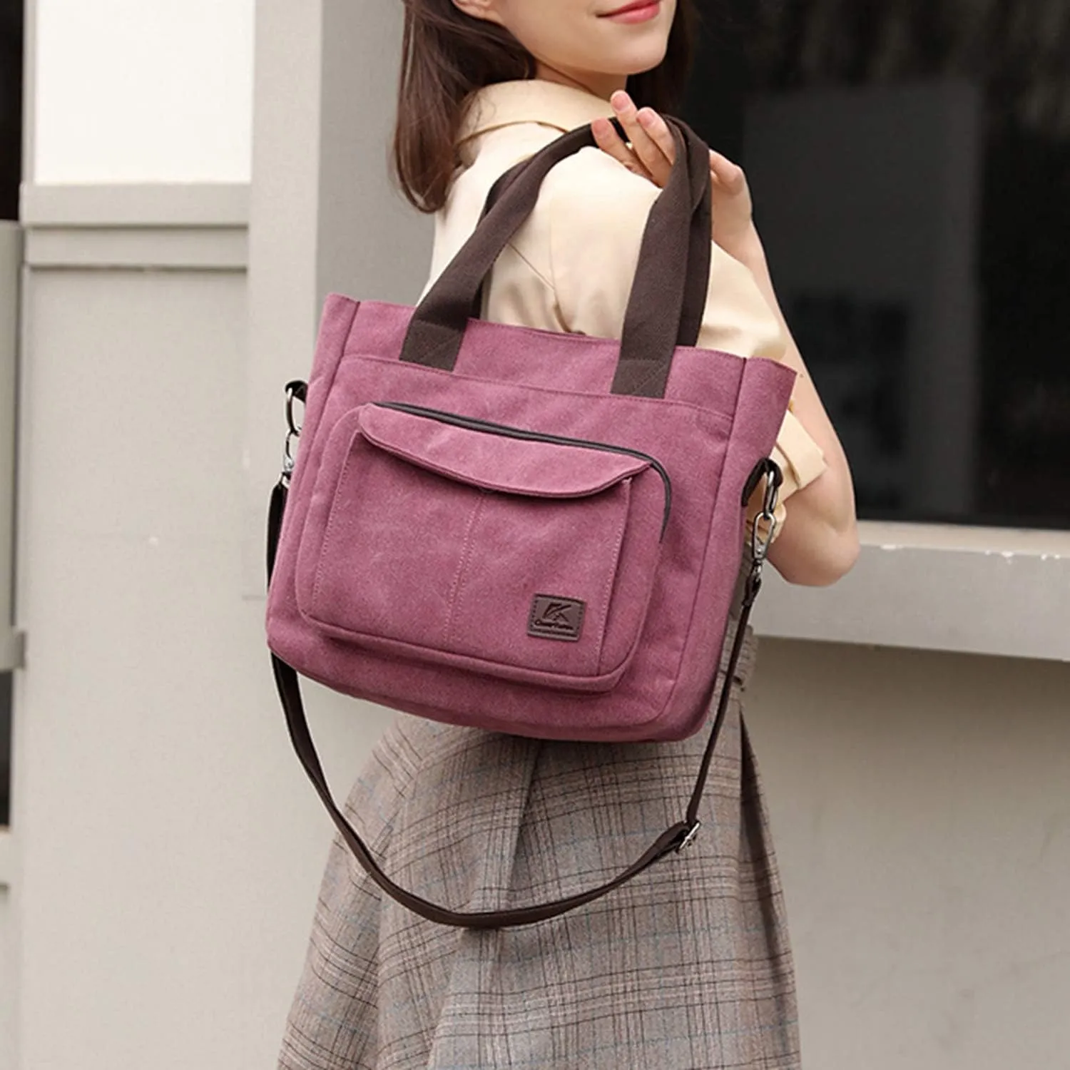 Sunshinejing Women's Canvas Tote Purse Shoulder Crossbody Bag Small Handbag Multi-pocket Top Handle Work Bags