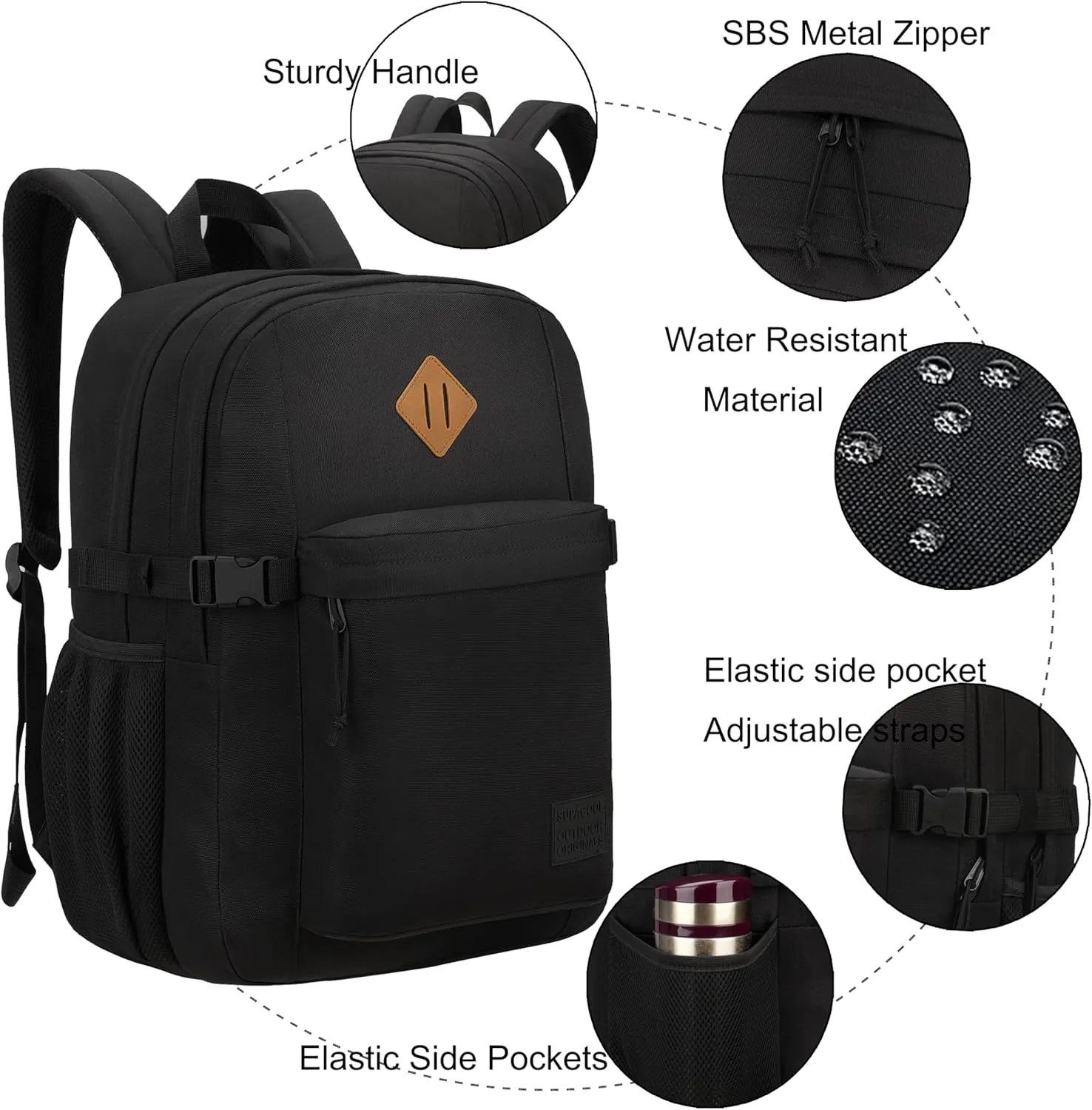 SUPACOOL Black Backpack For School, Bookbag for Boys, Girls and Kids, Boys backpacks, Laptop Compartment,Travel Backpack for Men and Women(Black)