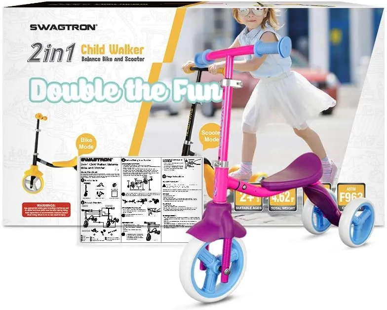 Swagtron K2 Three-Wheel Transforming Scooter & Balance Trike, 2-in-1 Adjustable Ride-On for Kids Age 2-5