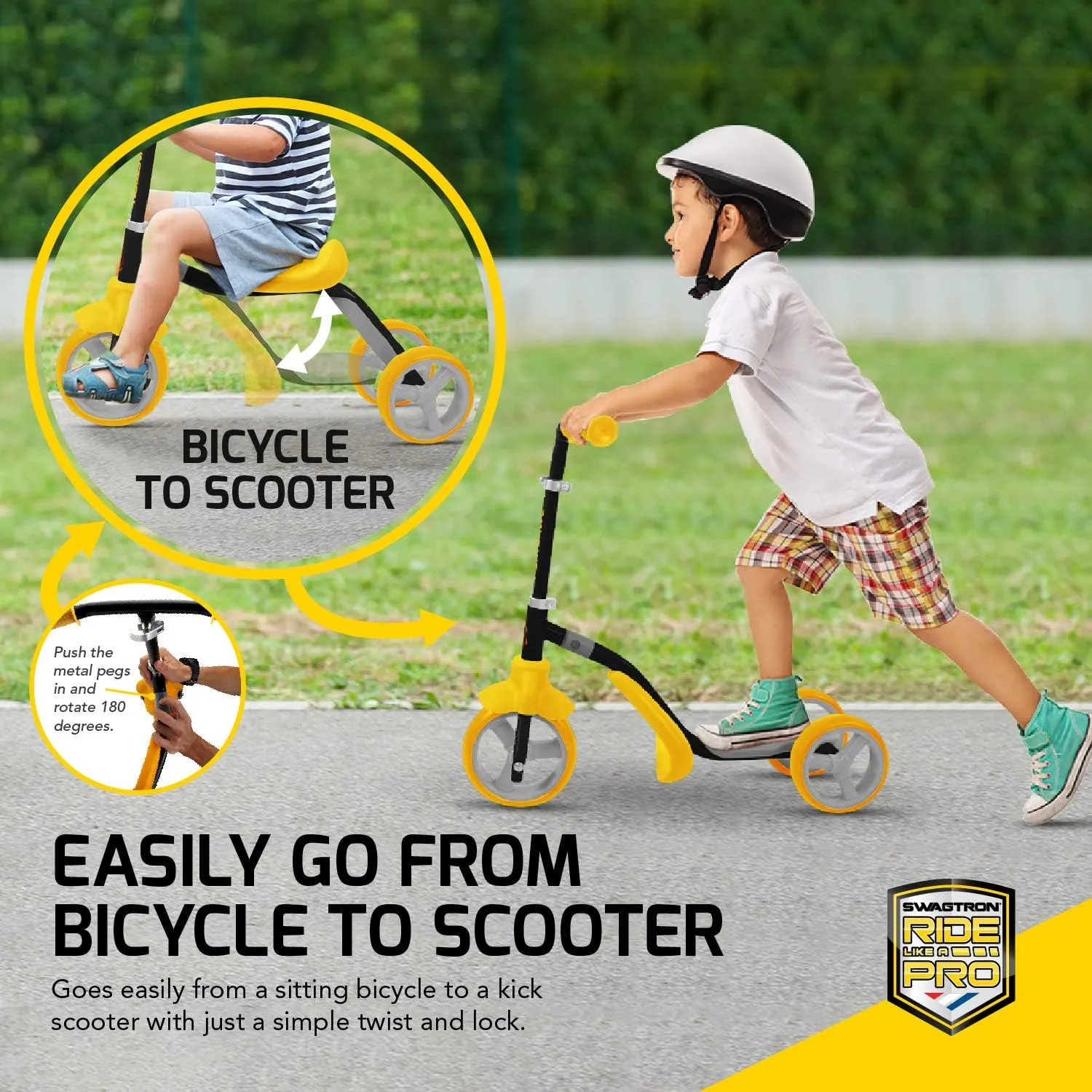 Swagtron K2 Three-Wheel Transforming Scooter & Balance Trike, 2-in-1 Adjustable Ride-On for Kids Age 2-5
