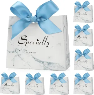 SWANGSA 50 Pack Small Party Gift Bags, Marble Mini Thank You Bags with Blue Bow Ribbon, 4.5x1.8x3.Inches, Paper Favor Bags for Wedding Birthday Baby Shower Party Bridesmaid Valentines Day