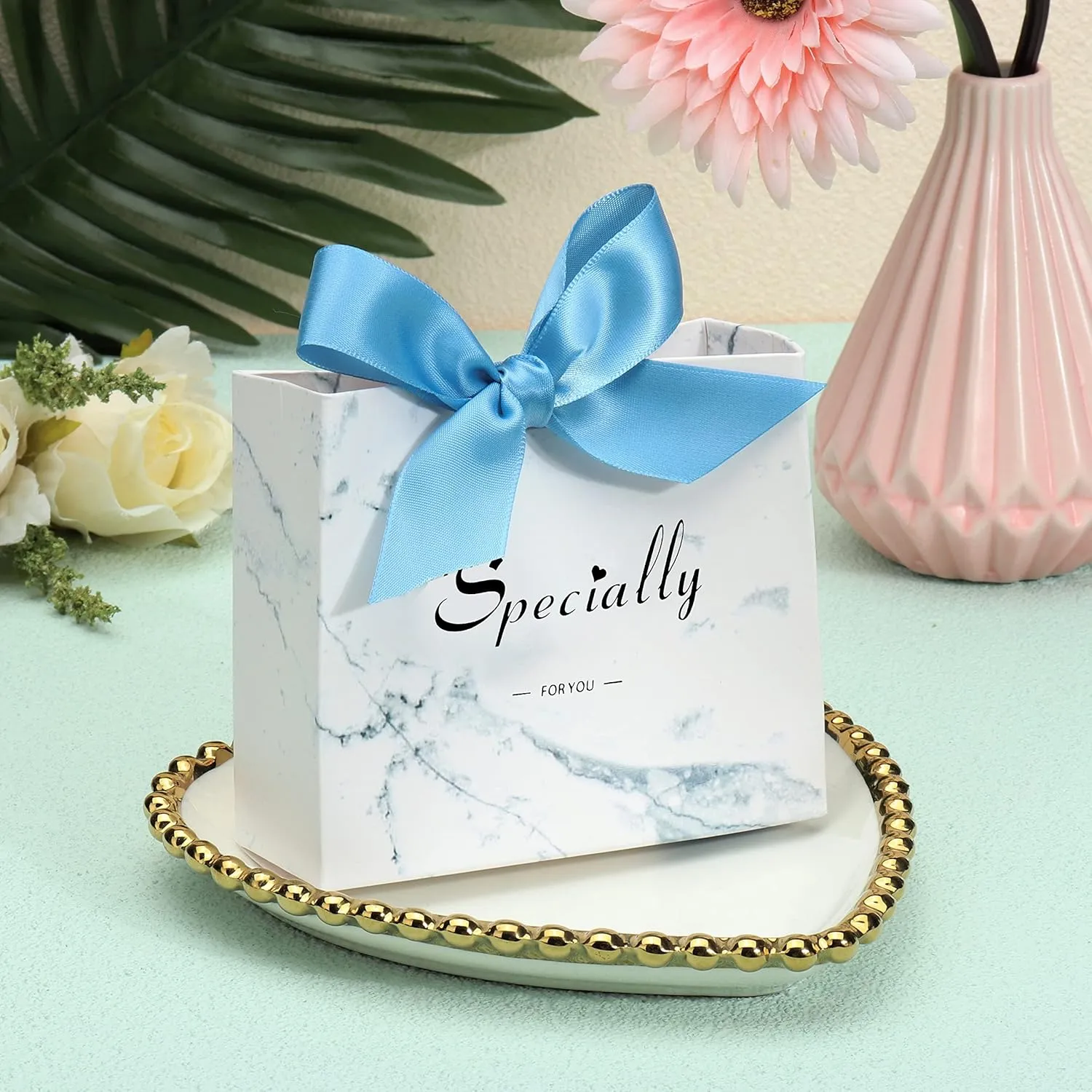 SWANGSA 50 Pack Small Party Gift Bags, Marble Mini Thank You Bags with Blue Bow Ribbon, 4.5x1.8x3.Inches, Paper Favor Bags for Wedding Birthday Baby Shower Party Bridesmaid Valentines Day