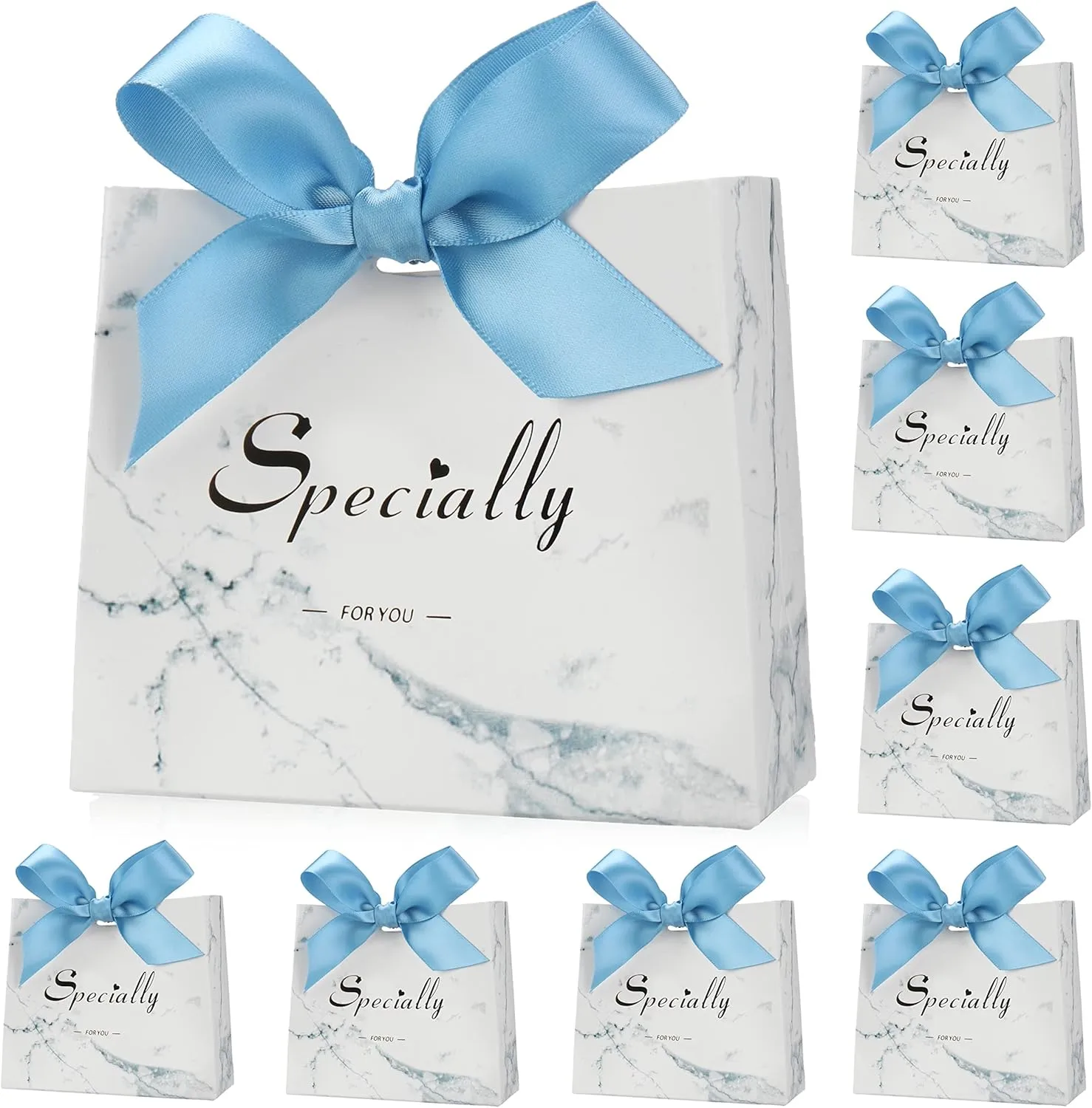 SWANGSA 50 Pack Small Party Gift Bags, Marble Mini Thank You Bags with Blue Bow Ribbon, 4.5x1.8x3.Inches, Paper Favor Bags for Wedding Birthday Baby Shower Party Bridesmaid Valentines Day