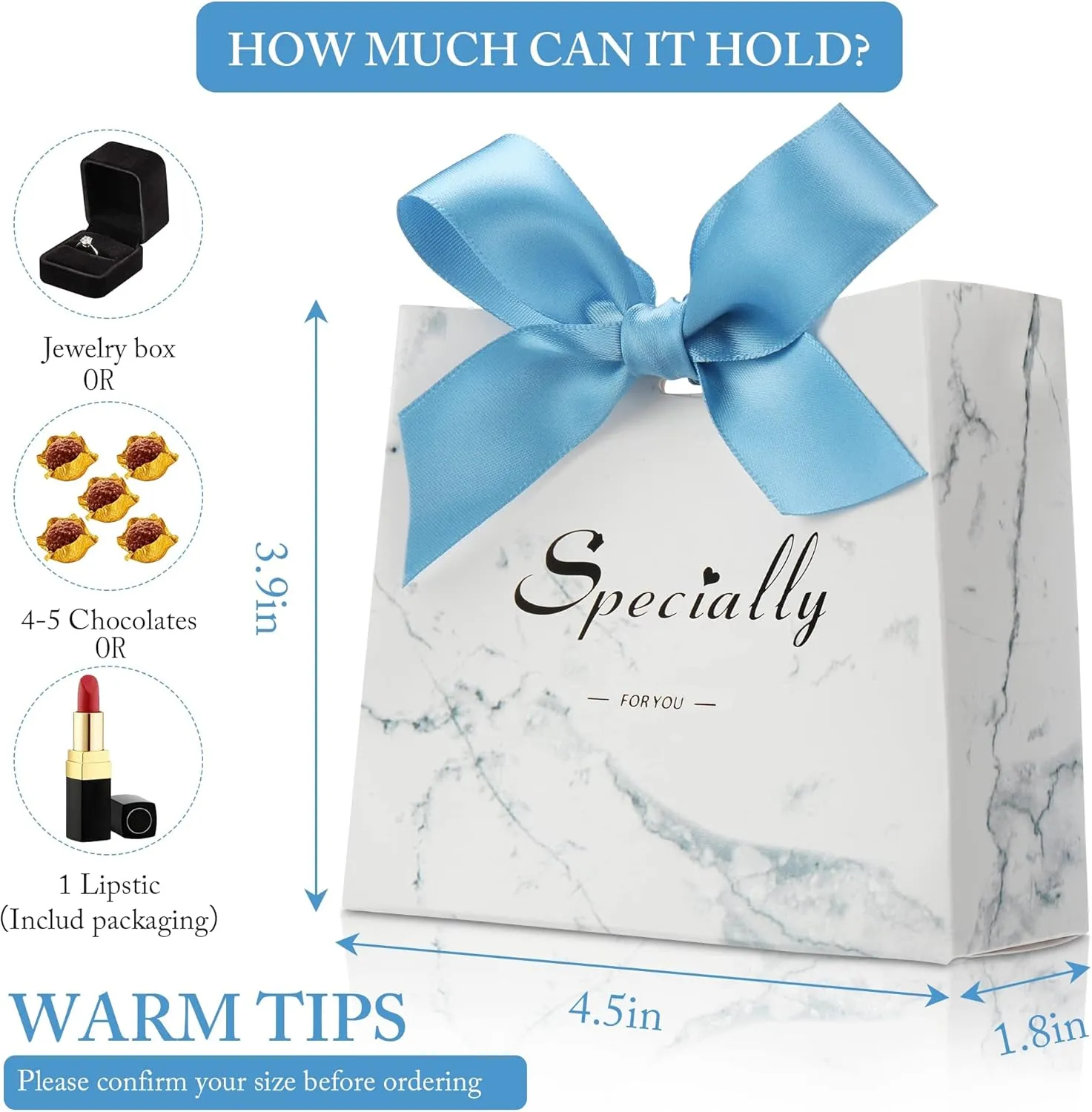 SWANGSA 50 Pack Small Party Gift Bags, Marble Mini Thank You Bags with Blue Bow Ribbon, 4.5x1.8x3.Inches, Paper Favor Bags for Wedding Birthday Baby Shower Party Bridesmaid Valentines Day