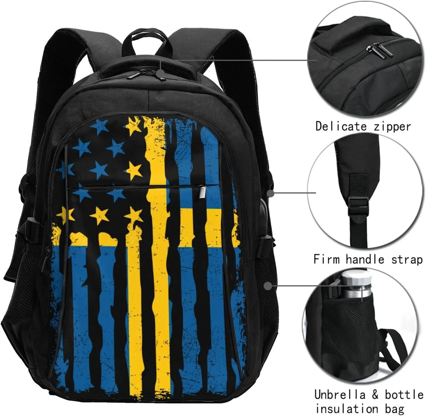 Swedish American Flag Sweden Roots Business Laptop Backpack Travel Backpacks Outdoor Rucksack Large Bag Daypack with USB Charging Port Multi-Pocket for Hiking Camping