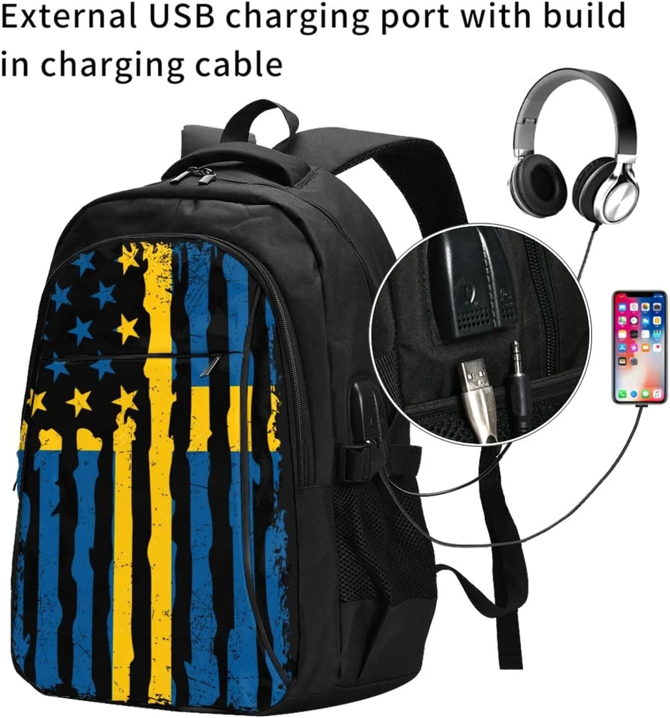 Swedish American Flag Sweden Roots Business Laptop Backpack Travel Backpacks Outdoor Rucksack Large Bag Daypack with USB Charging Port Multi-Pocket for Hiking Camping
