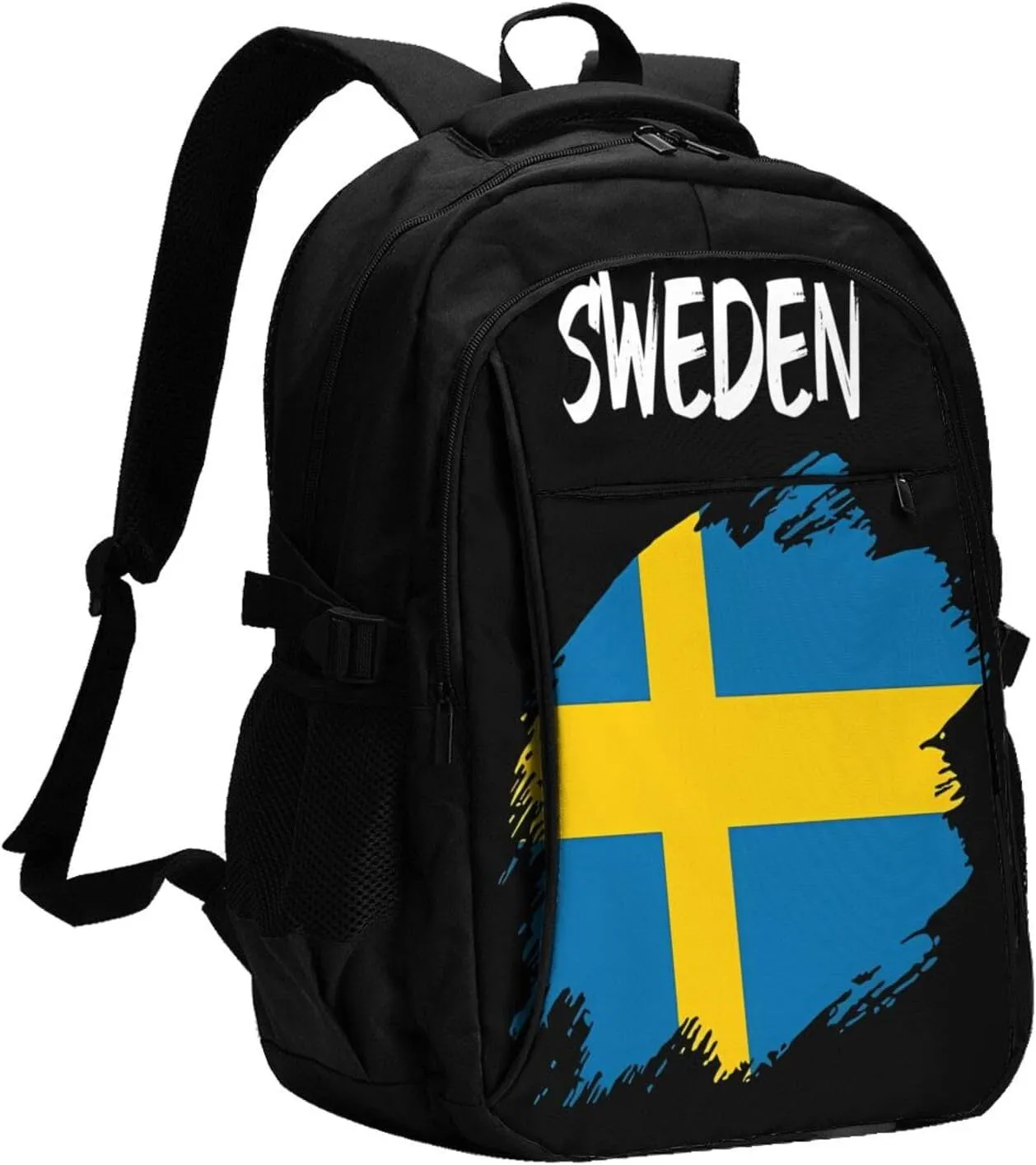 Swedish Sweden Flag Business Laptop Backpack Travel Backpacks Outdoor Rucksack Large Bag Daypack with USB Charging Port Multi-Pocket for Hiking Camping