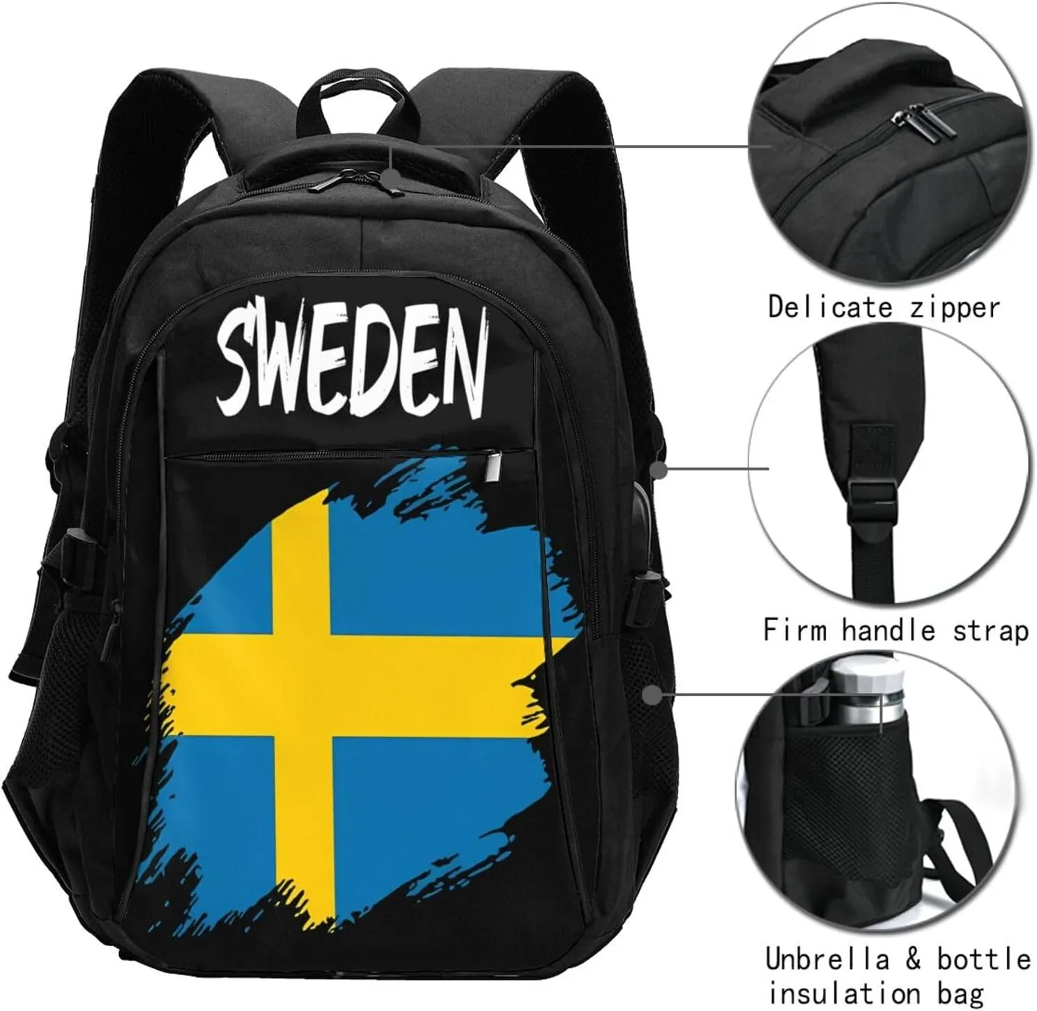 Swedish Sweden Flag Business Laptop Backpack Travel Backpacks Outdoor Rucksack Large Bag Daypack with USB Charging Port Multi-Pocket for Hiking Camping