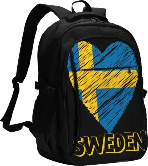 Swedish Sweden Flag Heart Business Laptop Backpack Travel Backpacks Outdoor Rucksack Large Bag Daypack with USB Charging Port Multi-Pocket for Hiking Camping