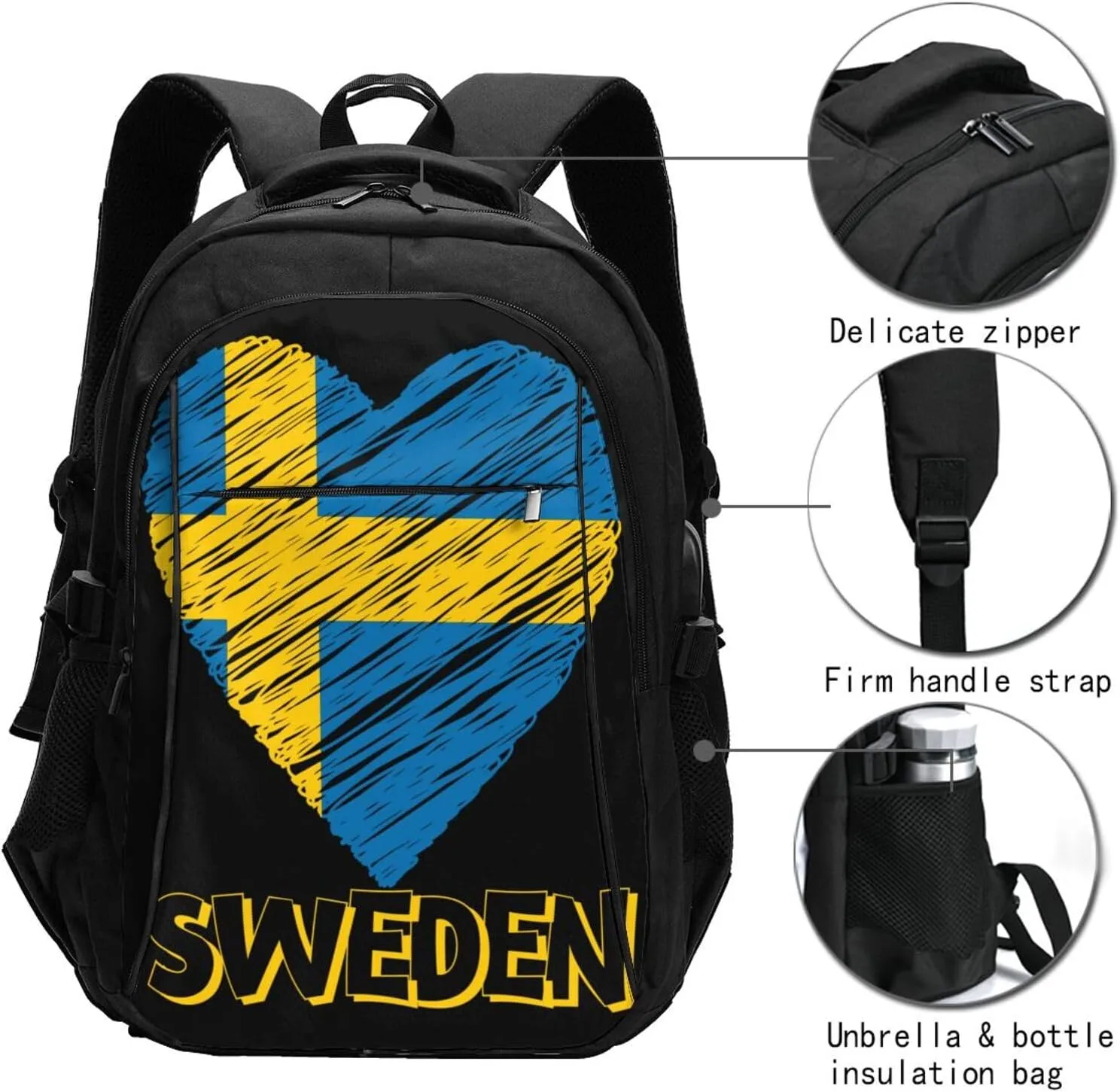 Swedish Sweden Flag Heart Business Laptop Backpack Travel Backpacks Outdoor Rucksack Large Bag Daypack with USB Charging Port Multi-Pocket for Hiking Camping